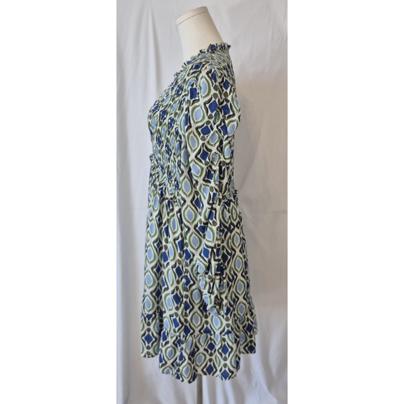 Anthropologie Womens Blue Motif Long-Sleeve V-Neck Ruffle Mini Dress Large - Picture 7 of 13